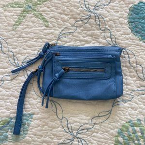 Blue faux leather wristlet